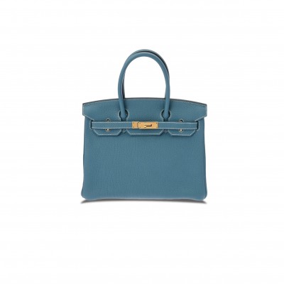 HERMES BIRKIN 30 TOGO LEATHER DENIM BLUE LEMON YELLOW GOLD BUCKLE HANDBAG 627751 (30*23*15cm)